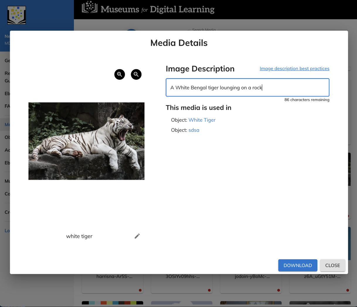 The Media Details modal window where you can add an image description